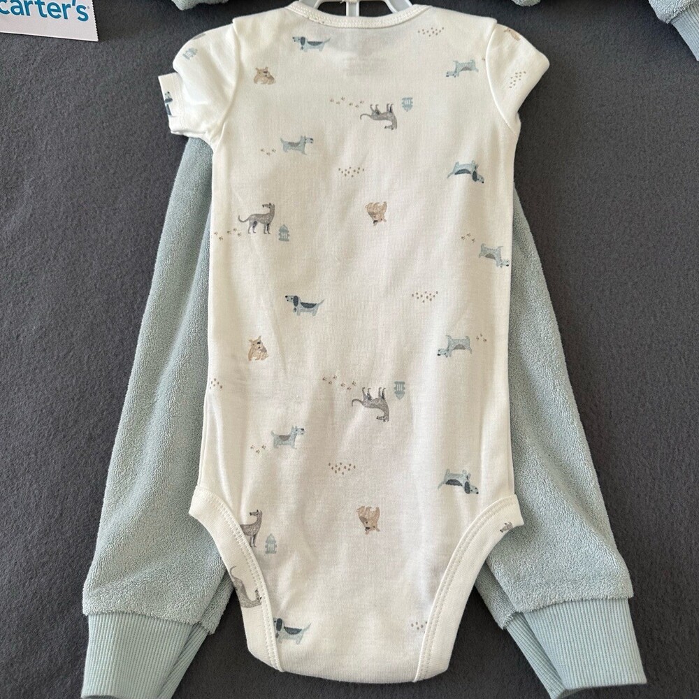 NWT Carters Pastel Green 3Piece Set Hooded Jacket Bear Face Bodysuit Pants Sz 9M - Picture 4 of 11